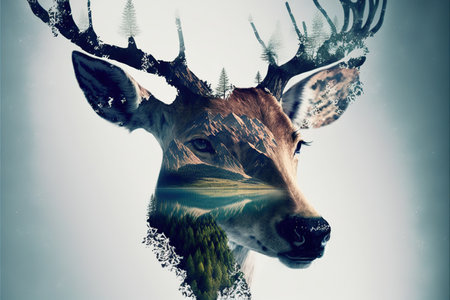 Beautiful deer in woods double exposure with natural background as concept of fertility forest and peaceful wildlife, exploring and adventure into wilderness of nature. Superb Generative AI.の素材