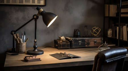 Interior design of Home Office in Industrial style with Steel Desk decorated with Metal, Concrete, Leather, Wood material. Modern architecture. Generative AI AIG24.の素材