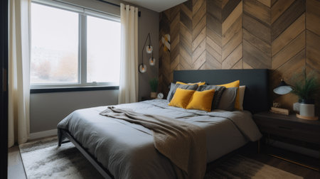 Interior design of Bedroom in Mid-Century style with Bed decorated with Wood, Wool material. Modern, Minimalist architecture. Generative AI AIG24.の素材