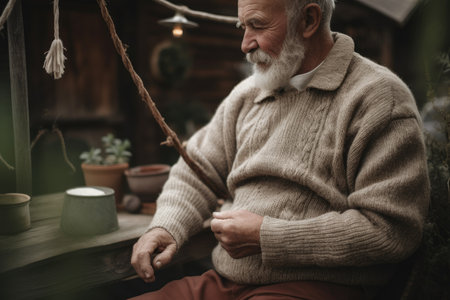 Male caucasian elderly knitting cozy sweater warmth patio. Generative AI AIG23.の素材