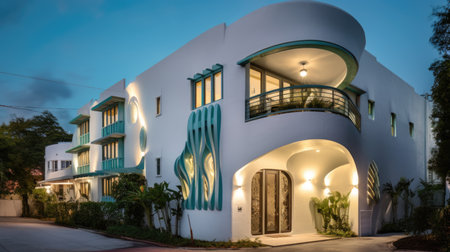 Home architecture design in Art Deco Style with Circular driveway constructed by Concrete, Glass, and Metal material. Streamlined moderne design. Generative AI AIG25 .の素材