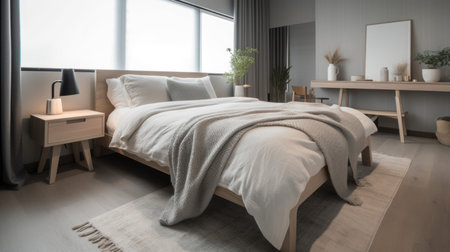 Interior design of Bedroom in Scandinavian style with Platform bed decorated with Linen, Wood, Sheepskin material. Modern architecture. Generative AI AIG24.の素材