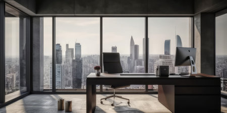 Interior of modern office with computer on desk with a large window. Generative AI AIG18.の素材