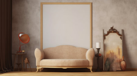 The vintage and antique interior design of beige tone color living room with golden big picture frames on the wall. Generative AI AIG27.の素材