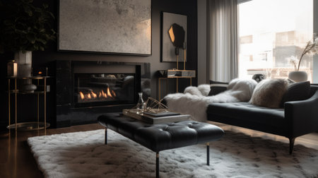Interior design of Living Room in Contemporary style with Fireplace decorated with Velvet, Fur, Glass material. Modern architecture. Generative AI AIG24.の素材