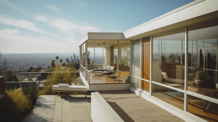 Home architecture design in Mid-century Style with Butterfly roof constructed by Glass and Wood siding material. Mid-century Modern style. Generative AI AIG25 .の素材