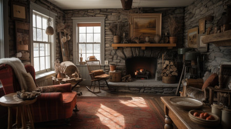 Living room decor, home interior design . Rustic Farmhouse style with Stone Fireplace decorated with Wood and Leather material . Generative AI AIG26.の素材