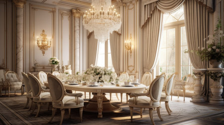 Interior design inspiration of Traditional Classic style home dining room loveliness decorated with Marble and Velvet material and Chandelier .Generative AI home interior design .の素材