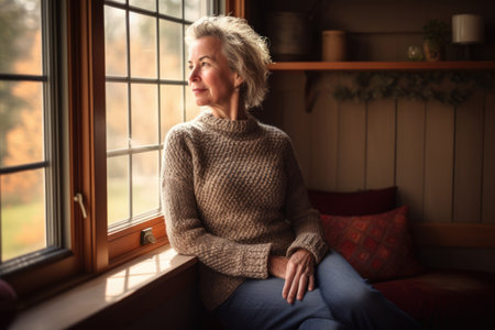 Female Caucasian senior knitting cozy sweater warmth sun room. Generative AI AIG23.の素材