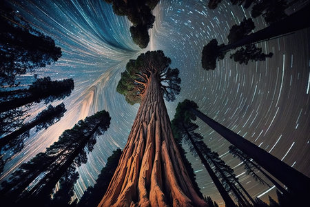 Tilt shift looking up of a giant sequoia time lapse tree nature. Generative AI AIG15.の素材