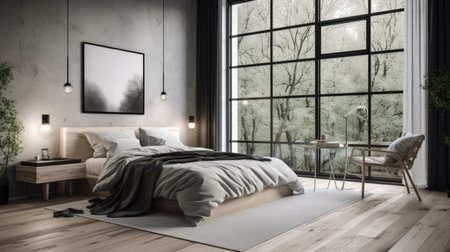 Bedroom decor, home interior design . Modern Scandinavian style with Window View decorated with Concrete and Glass material . Generative AI AIG26.の素材