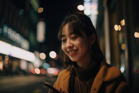 Low angle shot of a young chinese japanese woman trendy clothes using mobile phone with background of urban city street at night. Generative AI AIG18.の素材
