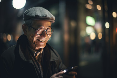 Wide angle shot of a senior chinese japanese man trendy clothes using mobile phone with background of urban city street at night. Generative AI AIG18.の素材