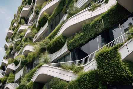 Close up view a futuristic building, sustainable design with vertical garden. Generative AI AIG18.の素材