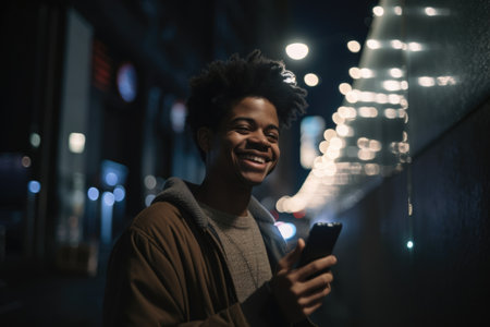 Wide angle shot of a young african-american man trendy clothes using mobile phone with background of urban city street at night. Generative AI AIG18.の素材