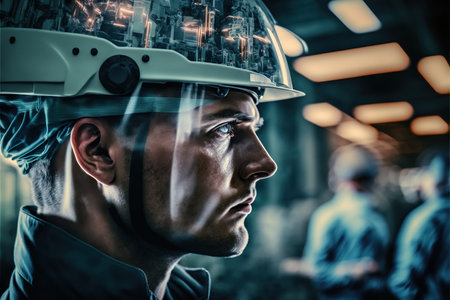 Technological engineer portrait ensuring high-quality and precise production quota on factory assembly line in wondrous double exposure. Manufacturing engineering technology concept by Generative AI.の素材