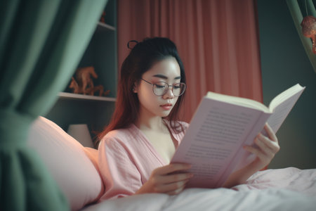 Female Asian teenager reading books in bedroom casual relaxing pastel. Generative AI AIG23.の素材