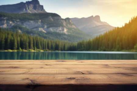 The empty wooden table top with blur background of summer lakes mountain. Exuberant image.の写真素材