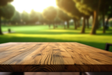 The empty wooden brown table top with blur background of country club. Exuberant image.の写真素材