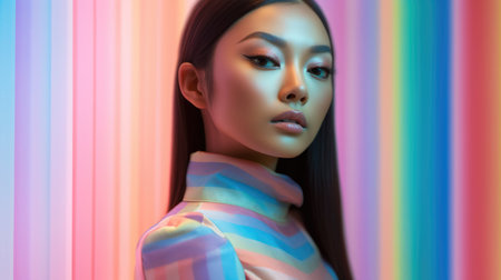 Young female model posing with trendy fashion outfit and colorful pastel mood optical art abstract background. Picturesque generative AIの素材