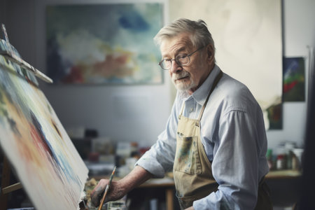 Male Caucasian senior painting art studio artist apron picture drawing. Generative AI AIG23.の素材