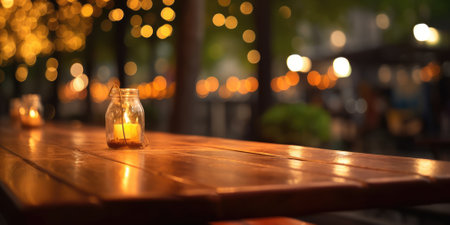 The wooden table top with blur background of restaurant. Generative AI image AIG30.の素材