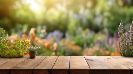 The empty wooden table top with blur background of English garden. Generative AI image AIG30.の素材