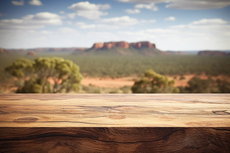 The empty wooden table top with blur background of Australian outback. Exuberant image.の写真素材