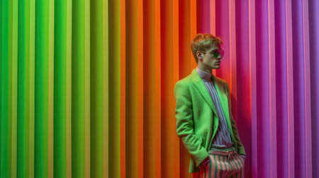 Young male model posing with trendy man fashion outfit and colorful green optical art abstract background. Picturesque generative AIの素材