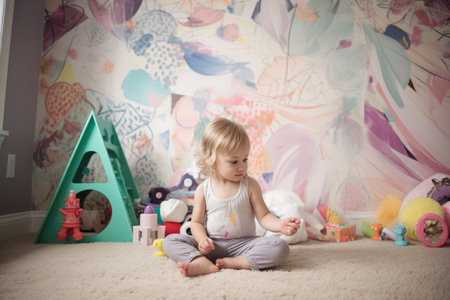 Female Caucasian child playing in playroom fun leggings. Generative AI AIG23.の素材