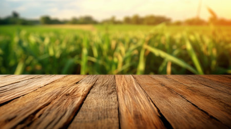 The empty wooden brown table top with blur background of sugarcane plantation. Exuberant image.の写真素材