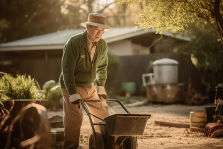 Male Asian senior gardening in backyard plants earthly. Generative AI AIG23.の素材