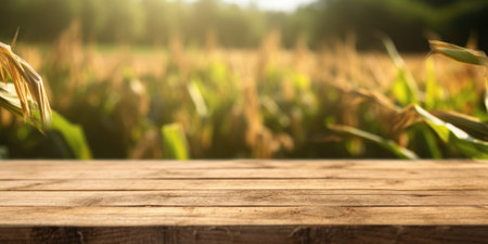 The empty wooden brown table top with blur background of corn field. Generative AI image AIG30.の素材
