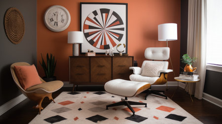 Bedroom decor, home interior design . Mid-Century Modern Retro style with Lounge Chair decorated with Leather and Metal material . Generative AI AIG26.の素材