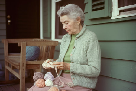 Female Caucasian elderly knitting cozy sweater warmth patio pastel. Generative AI AIG23.の素材