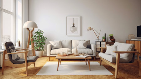 The minimal interior design of a white and brown living room with a carpet on the wooden floor. Generative AI AIG27.の素材
