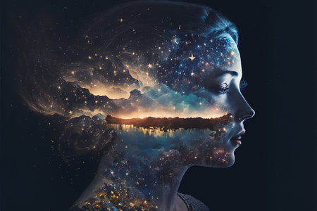 Double exposure image of woman portrait with starry night and nebula background for state of mind and psychological concept. Meditative and mental ability abstract art. Superb Generative AIの素材