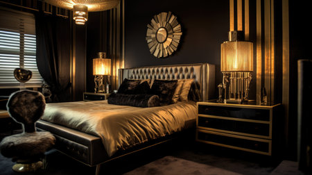 Bedroom decor, home interior design . Art Deco Glamorous style with Chandelier decorated with Brass and Velvet material . Generative AI AIG26.の素材