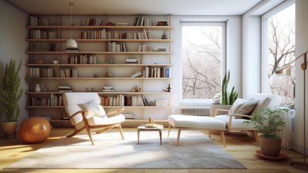 Living room decor, home interior design . Scandinavian Minimalist style with Large Window decorated with Wood and Concrete material . Generative AI AIG26.の素材