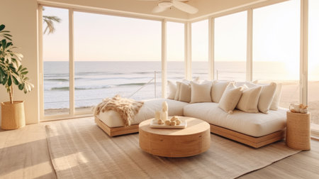 The interior design of minimal modern living room in Scandinavian style with sea view. Generative AI AIG27.の素材