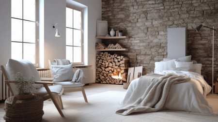 Bedroom decor, home interior design . Scandinavian Rustic style with Fireplace decorated with Wood and Stone material . Generative AI AIG26.の素材