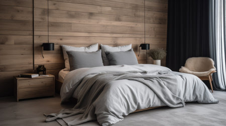 Bedroom decor, home interior design . Modern Minimalist style with Bed decorated with Wood and Concrete material . Generative AI AIG26.の素材