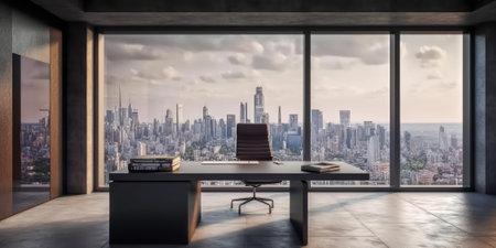 Interior of modern office with computer on desk with a large window. Generative AI AIG18.の素材
