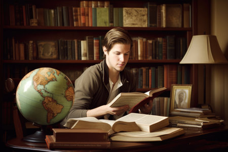 Male Caucasian young adult reading books in home library casual relaxing. Generative AI AIG23.の素材