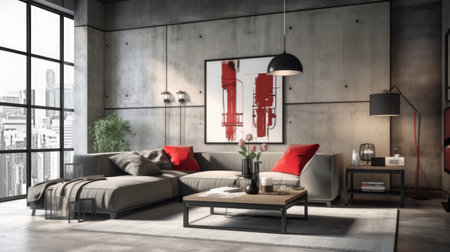 Living room decor, home interior design . Modern Industrial style with Large Wall Art decorated with Concrete and Steel material . Generative AI AIG26.の素材