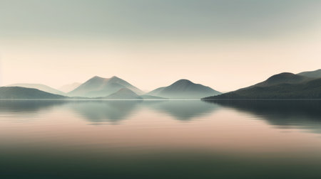 Beautiful mountain lake and natural environment in the morning background. Tranquil panoramic mountainous and nature lake shore scenery. Picturesque generative AIの素材
