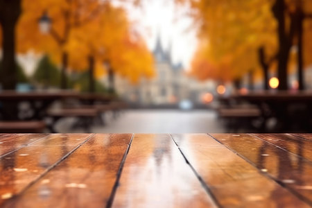 The empty wooden table top with blur background of European street in autumn. Exuberant image.の写真素材