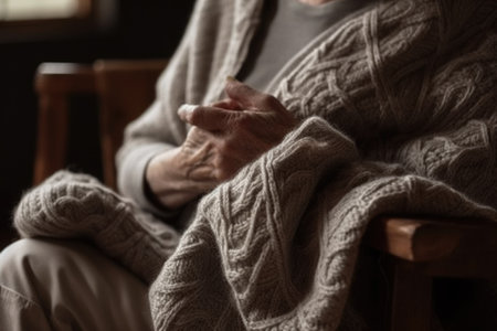 Female Caucasian senior knitting cozy sweater warmth living room. Generative AI AIG23.の素材