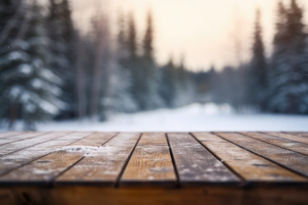 The empty wooden dark brown rustic table top with blur background of winter forest in finland. Generative AI image AIG30.の素材