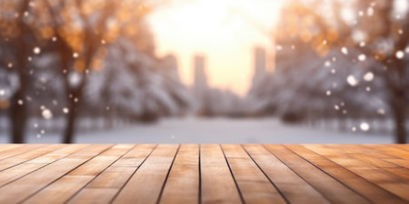 The empty wooden brown table top with blur background of home room in winter. Exuberant image.の写真素材